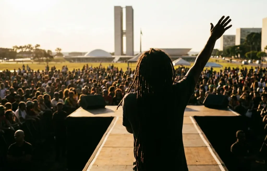 Vocalista de reggae de costas com dreads e público visto de costas em show ao ar livre com Congresso Nacional ao fundo.