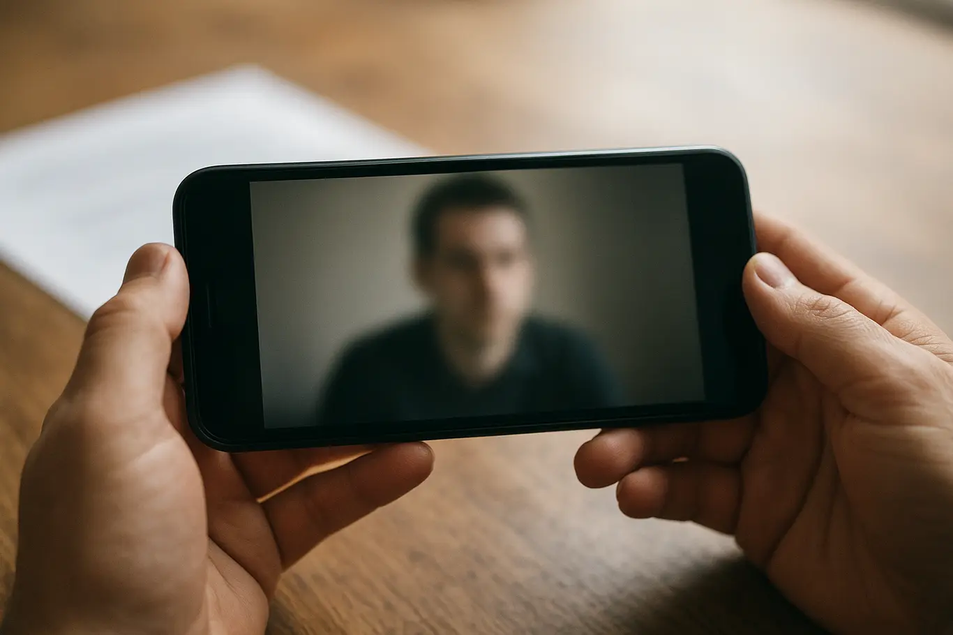 Close-up de mãos segurando smartphone com vídeo borrado, rosto refletido desfocado