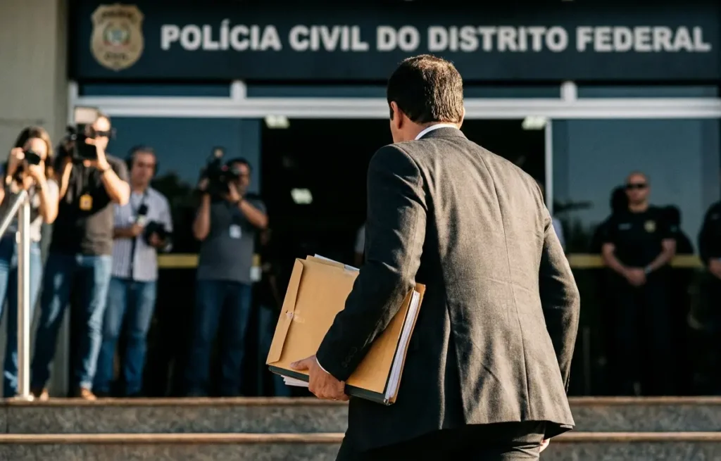 Homem de terno visto de costas entrando em delegacia, segurando documentos, rosto não visível