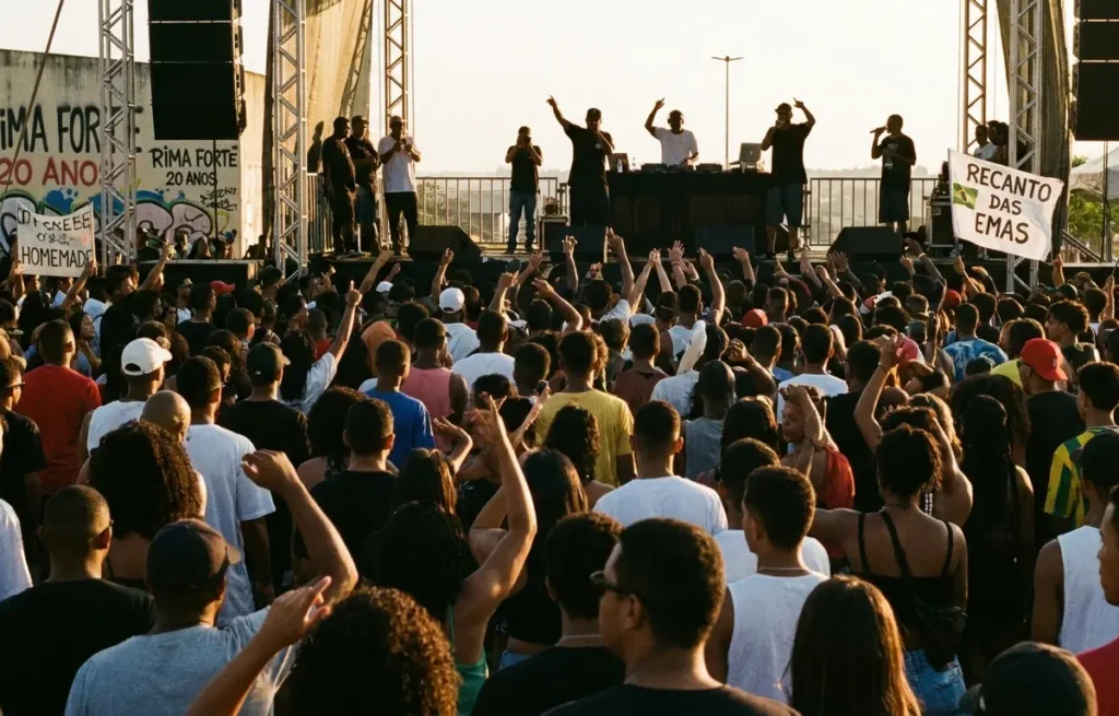 Multidão de costas e silhuetas no evento Rima Forte no Recanto das Emas ao entardecer