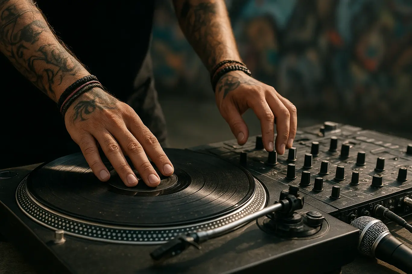 Mãos de DJ ajustando vinil e mesa de som, close em detalhe no Recanto das Emas
