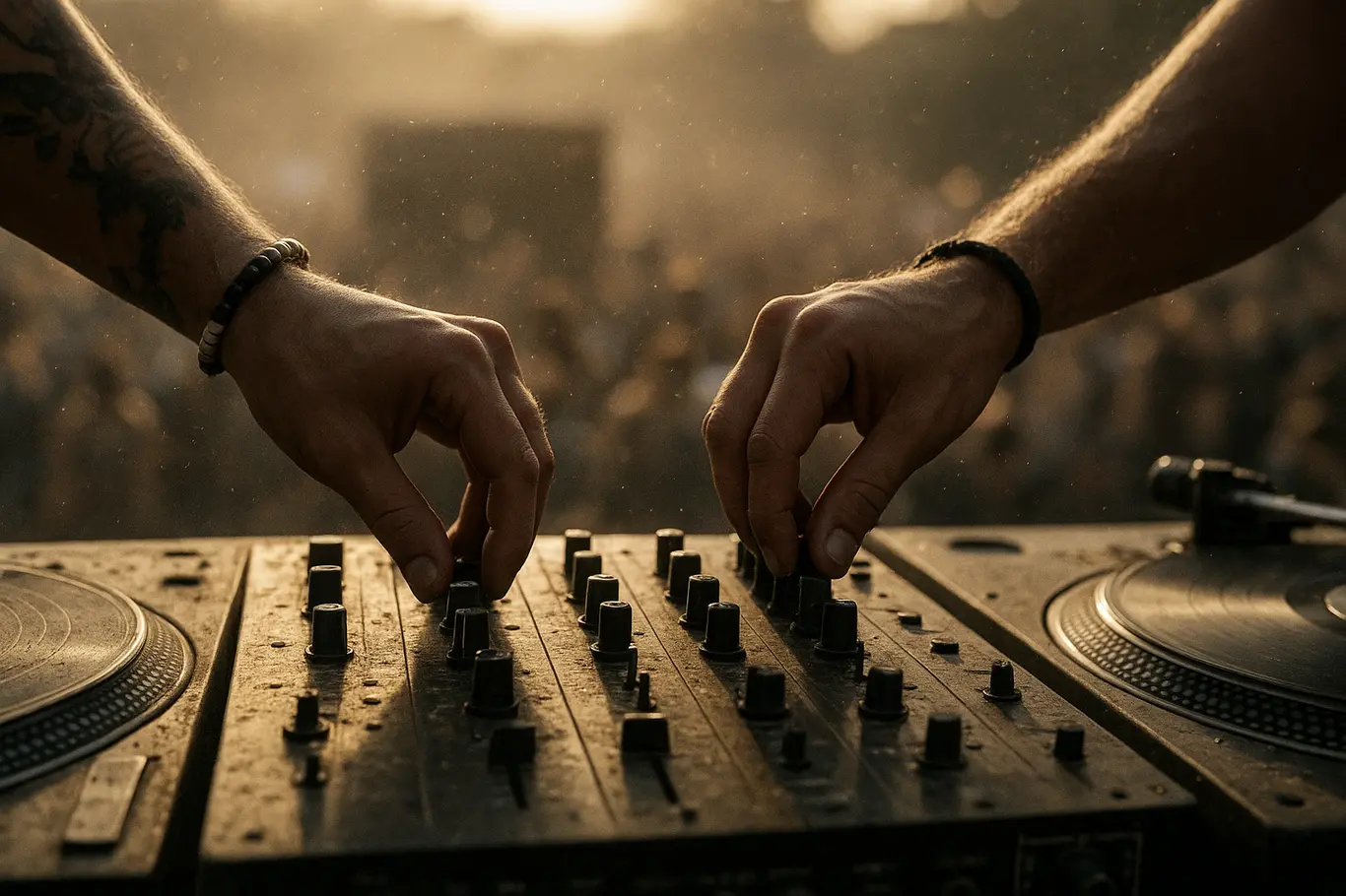 Close nas mãos do DJ ajustando os faders da mesa de som, fundo desfocado com público