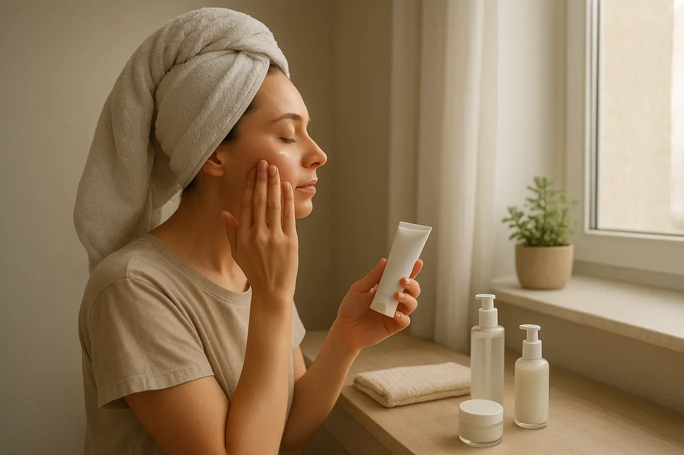 Mulher na rotina matinal de skincare em bancada iluminada