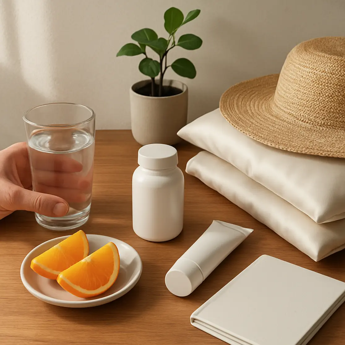 Mesa com itens de hábitos saudáveis para prevenir rugas