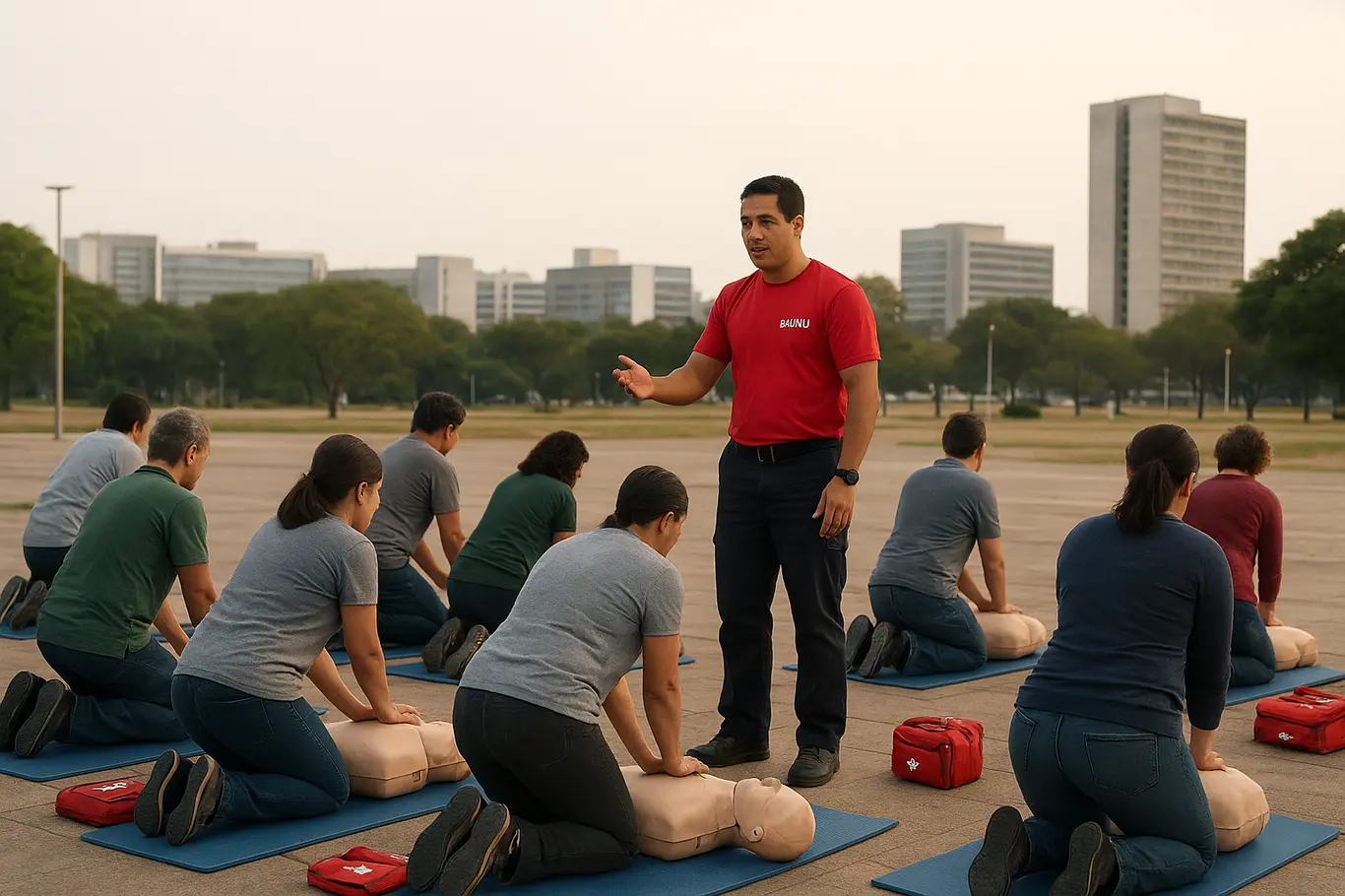 Grupo de adultos praticando reanimação ao ar livre em Brasília, vista ampla com participantes de costas.