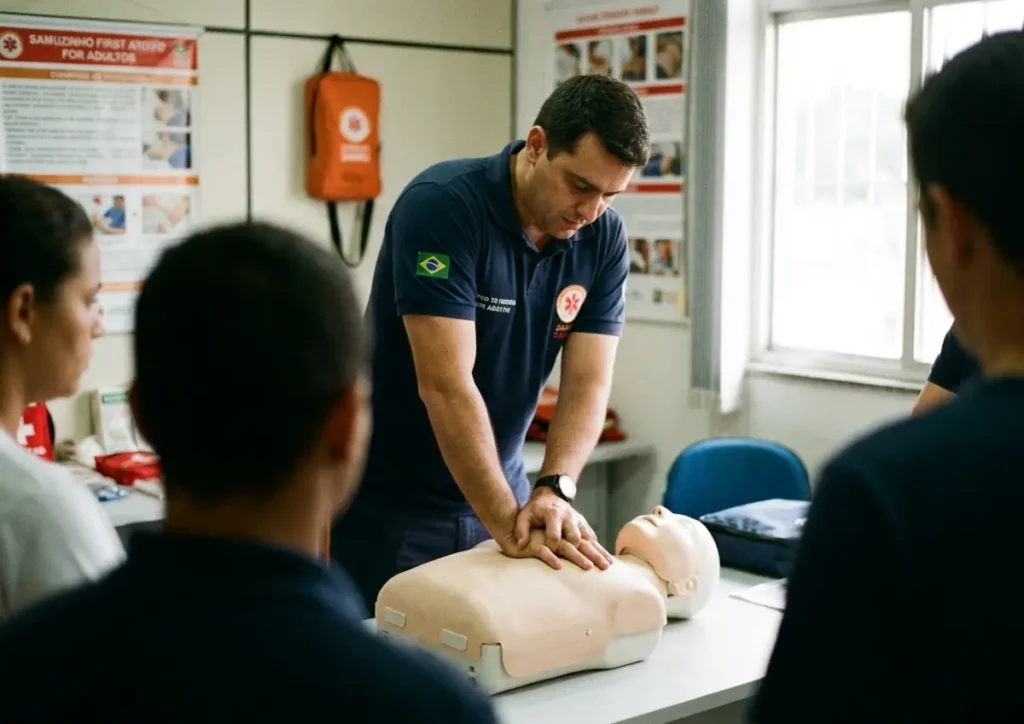 Samuzinho amplia cursos para adultos no DF e pode salvar vidas em Brasília Mãos realizando compressões em manequim durante curso do Samuzinho; participantes de perfil ou de costas.