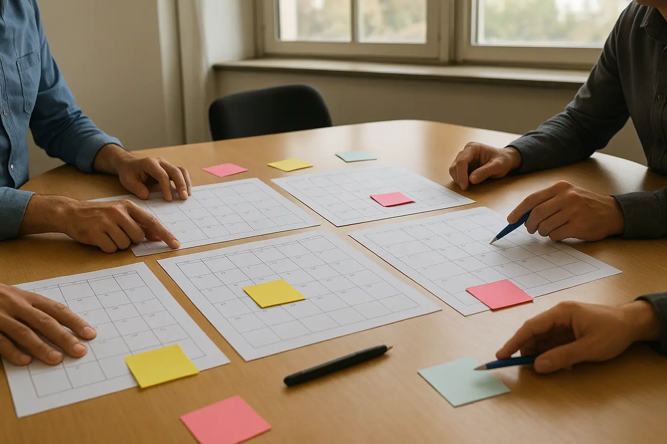 Mãos de assessores organizando fichas e post-its sobre mesa de reunião da campanha, rostos fora do quadro