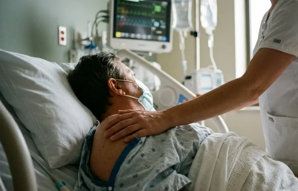 Sebastião Coelho em cama de hospital visto de perfil, rosto não identificável, mão de profissional tocando o ombro