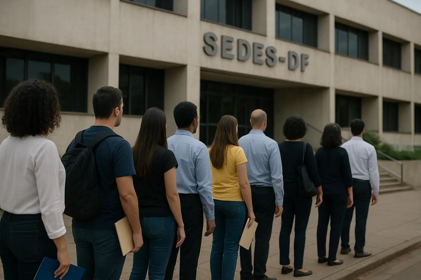 Fila de candidatos na calçada de prédio público, vista lateral
