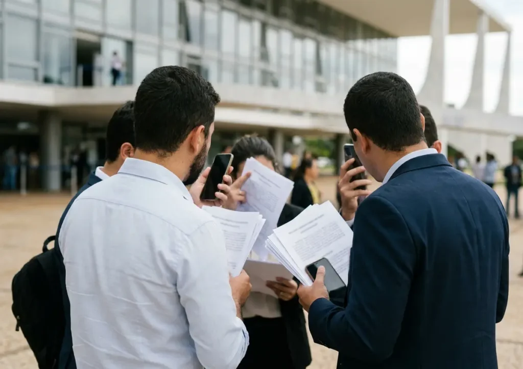 Grupo de candidatos de costas consultando documentos em frente a prédio público