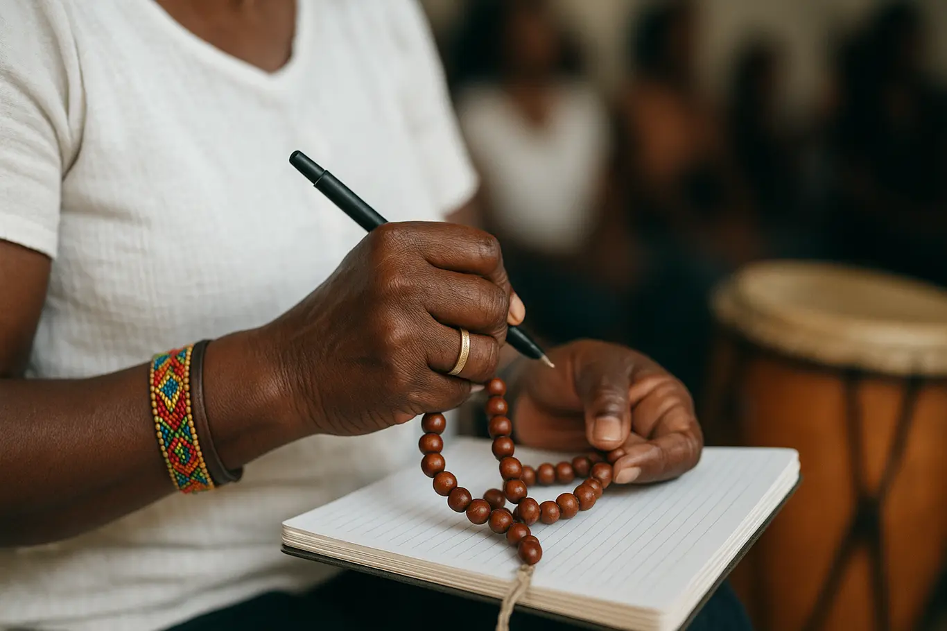 Close-up das mãos segurando contas de oração e escrevendo em caderno durante o seminário