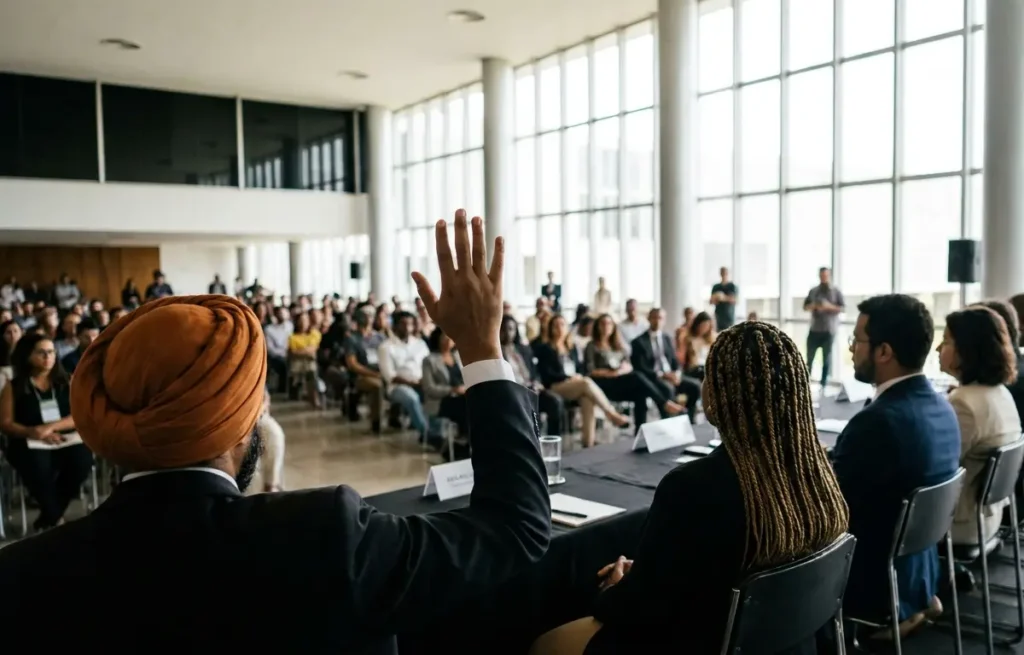 Auditório do seminário visto de costas, painel ao fundo e mão erguida na plateia