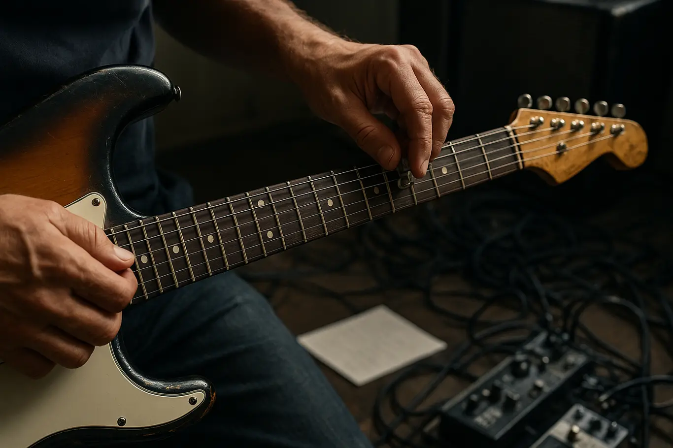 Close-up das mãos afinando uma guitarra nos bastidores de ensaio