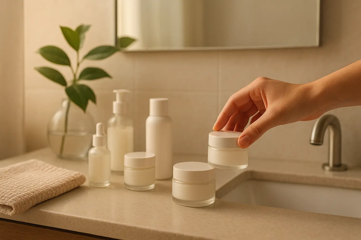 Bancada de banheiro com produtos de skincare e mão alcançando um frasco, vista ampla matinal
