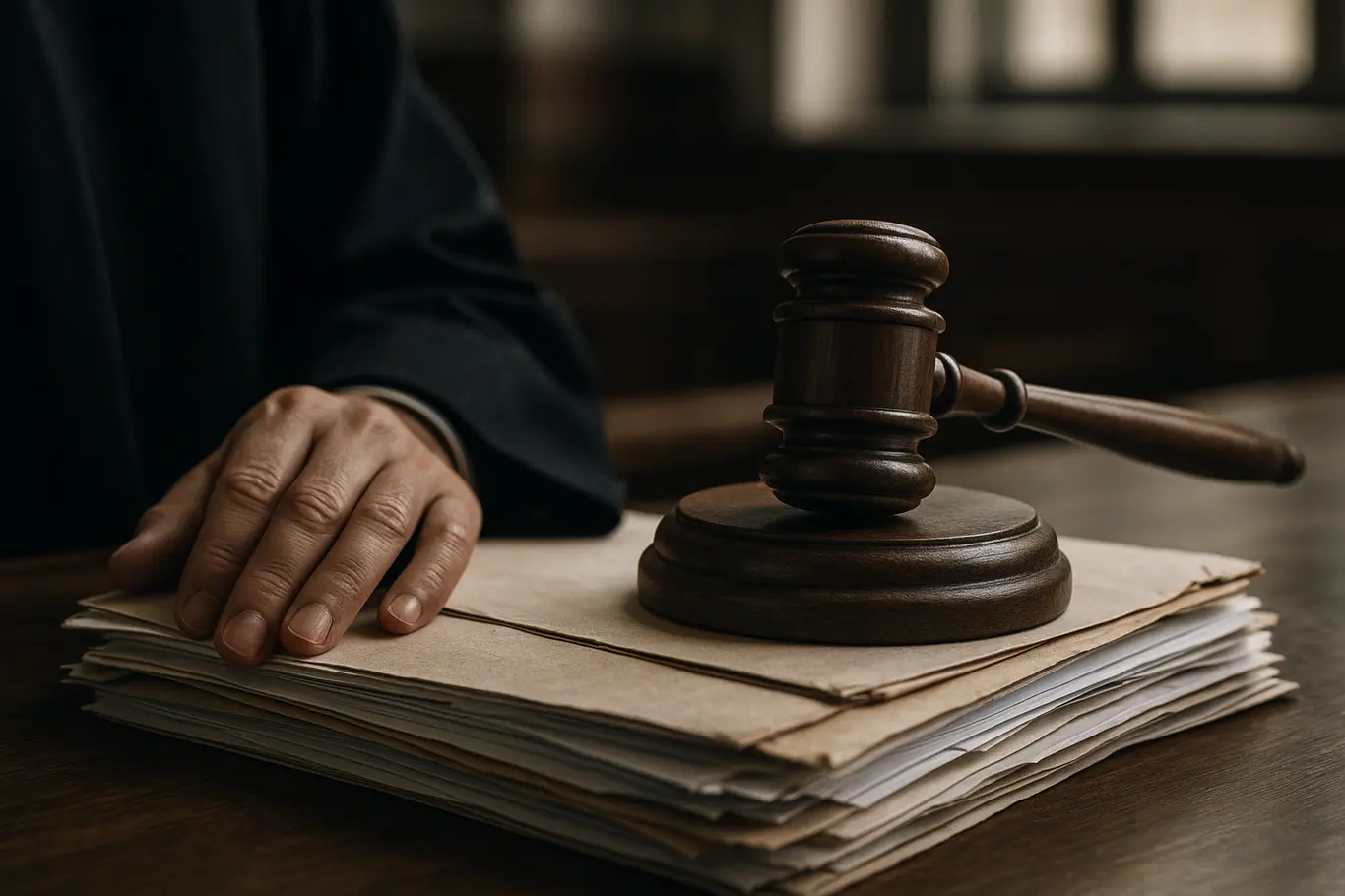 Close-up de martelo de juiz sobre processos