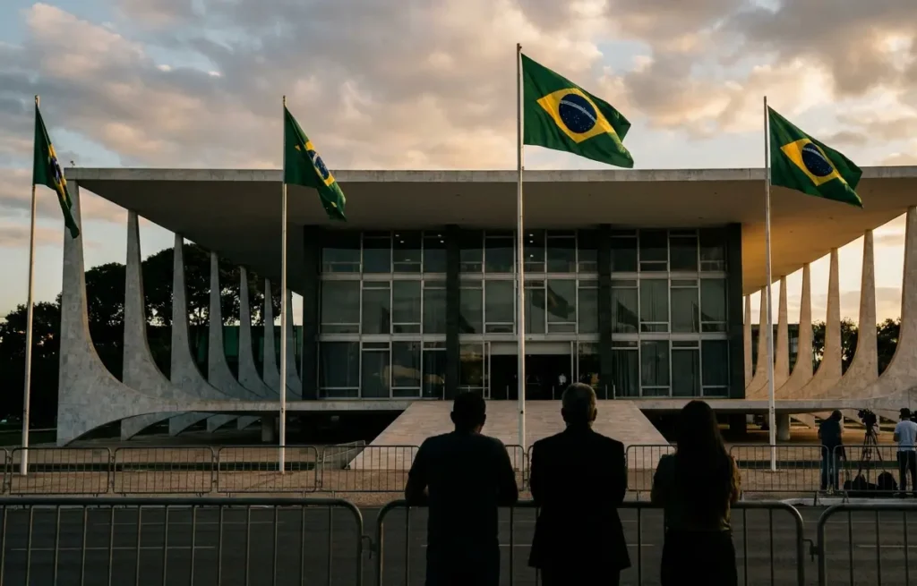 Fachada do STF com silhuetas e bandeiras ao vento