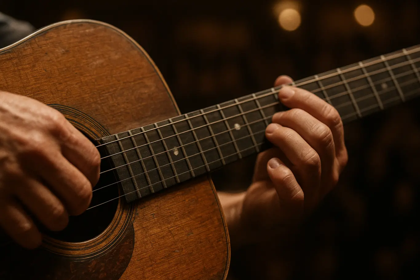 Close-up das mãos do músico tocando violão, foco nas cordas e na madeira