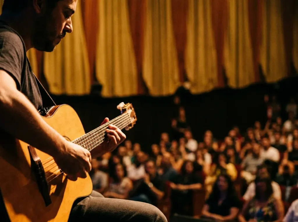Músico em perfil no palco com violão e plateia desfocada ao fundo