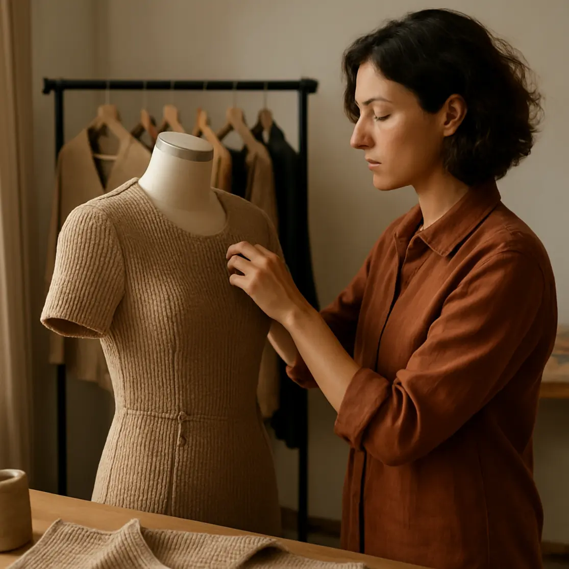 Atelier com estilista de perfil ajustando peça em manequim, racks com roupas e detalhes de textura