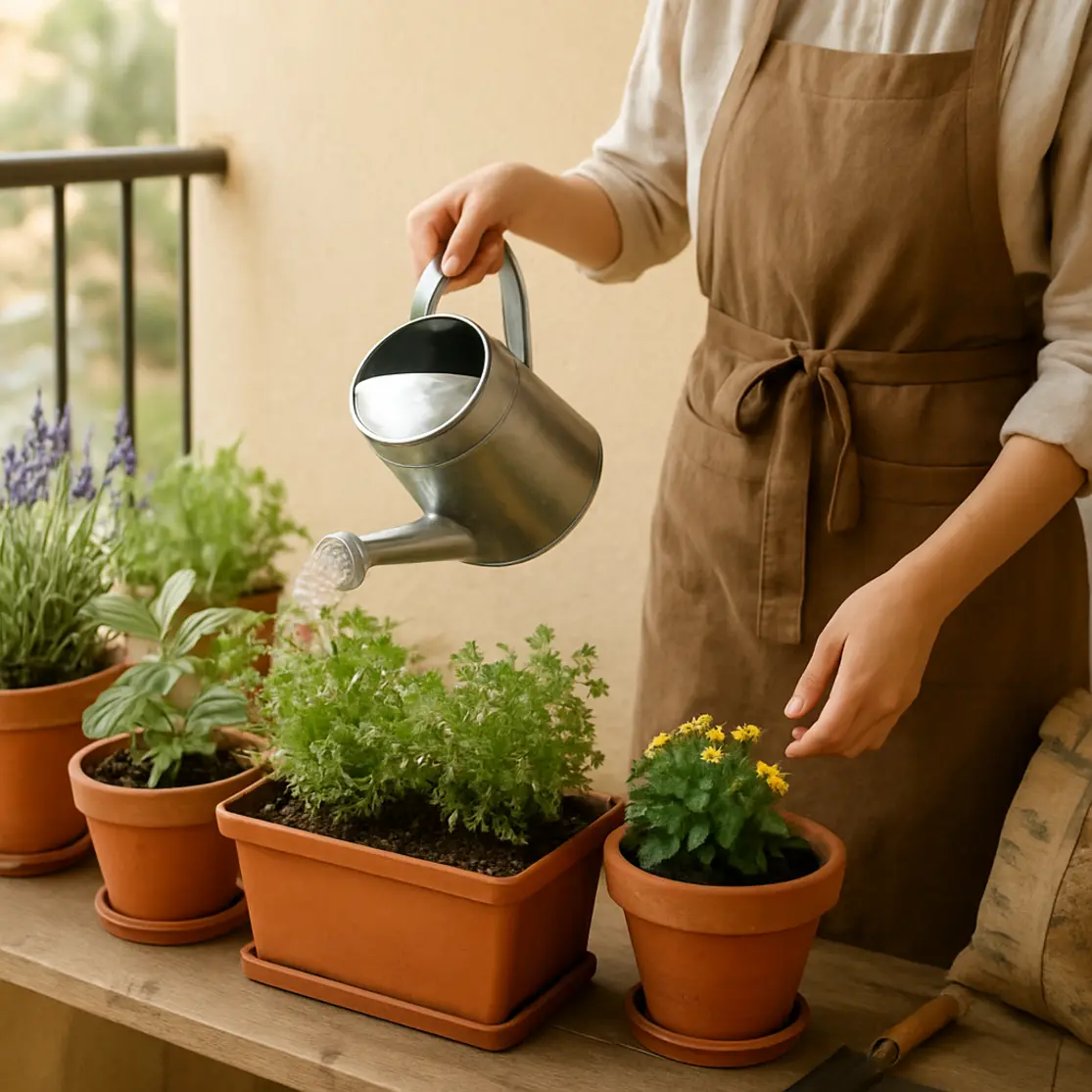 Varanda com vasos e jardineira em perfil regando plantas em diferentes substratos