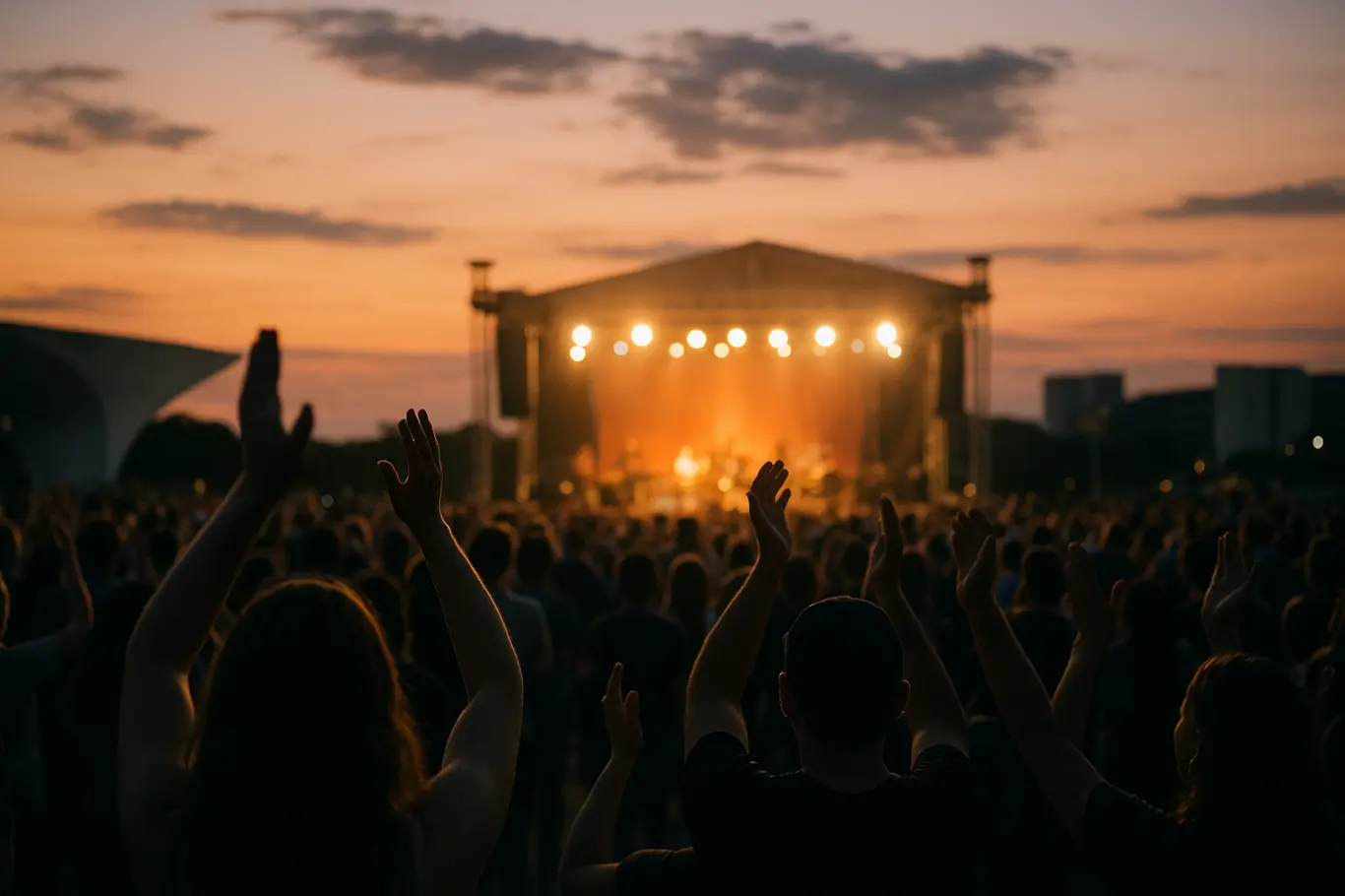 Público de costas com mãos erguidas diante do palco em praça pública de Brasília ao entardecer