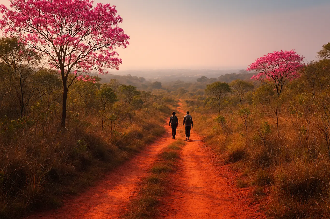 Trilha sinuosa no cerrado com dois hikers distantes e horizonte de Brasília ao fundo