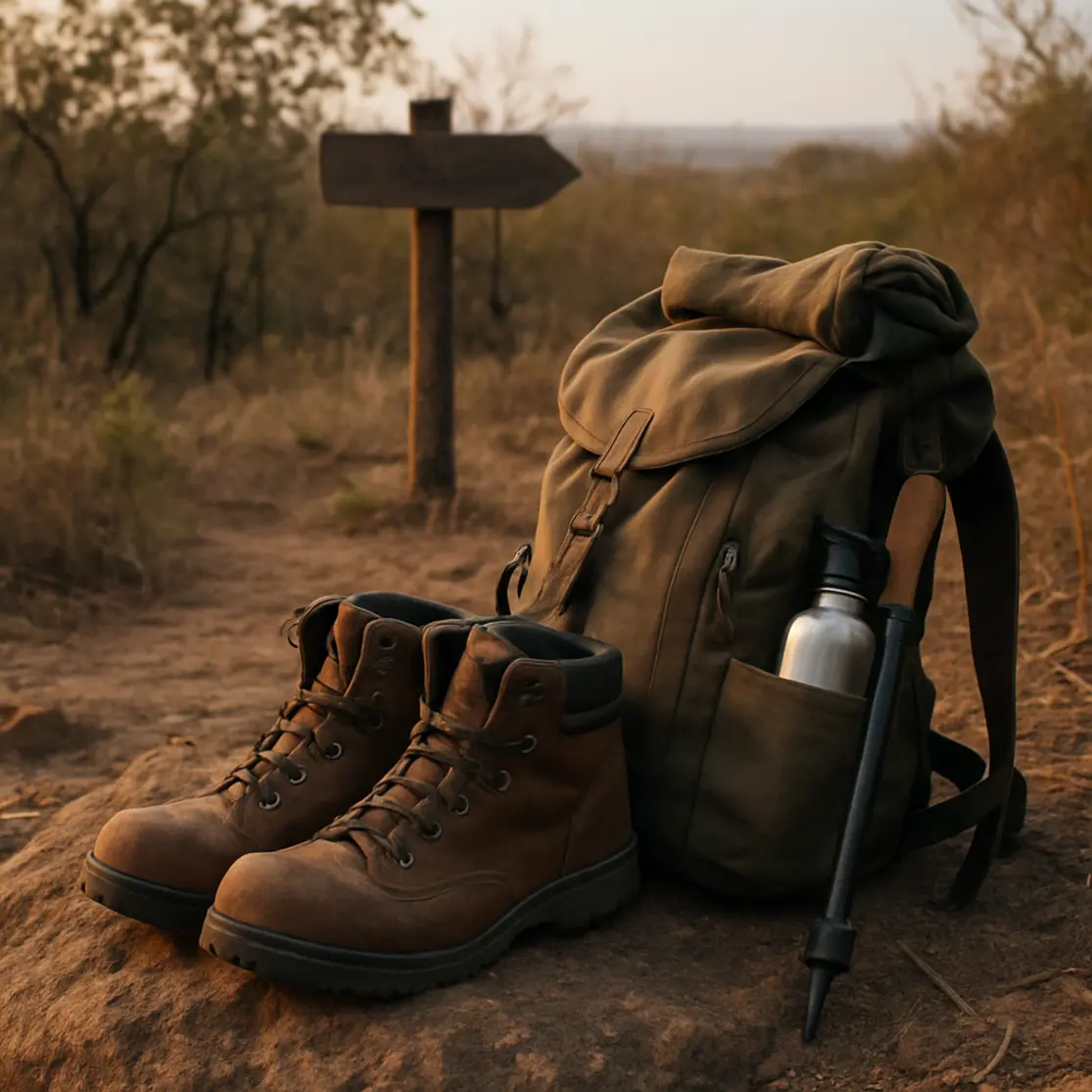 Detalhe de botas e mochila descansando em pedra com vegetação do cerrado ao fundo