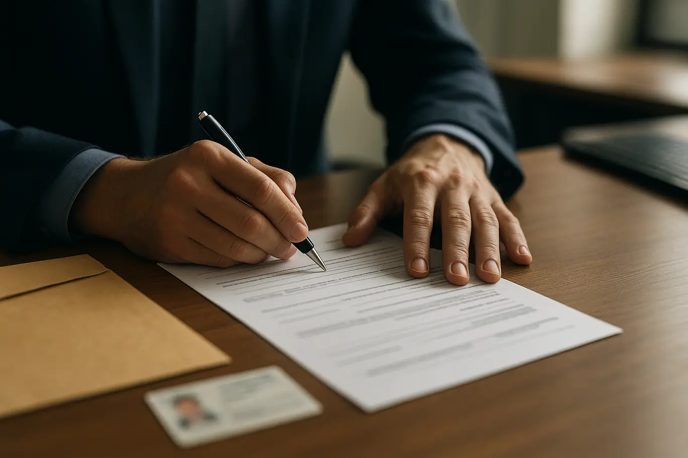 Mãos organizando documentos de inscrição sobre uma mesa com foco seletivo.