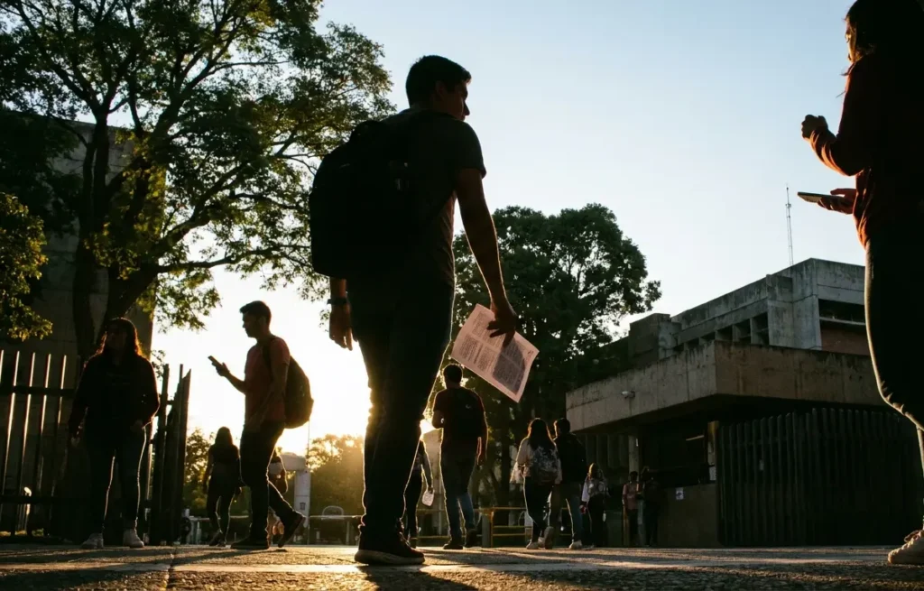 UnDF prorroga inscrições até 24 de maio e amplia chance para brasilienses Estudantes circulam na entrada do campus da UnDF, perfis não identificáveis.