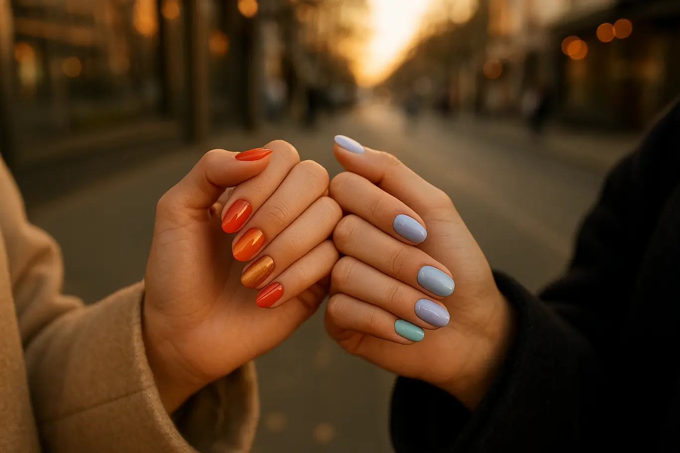 Duas mãos interagindo com unhas em combinações contrastantes 2026, cenário de café urbano desfocado
