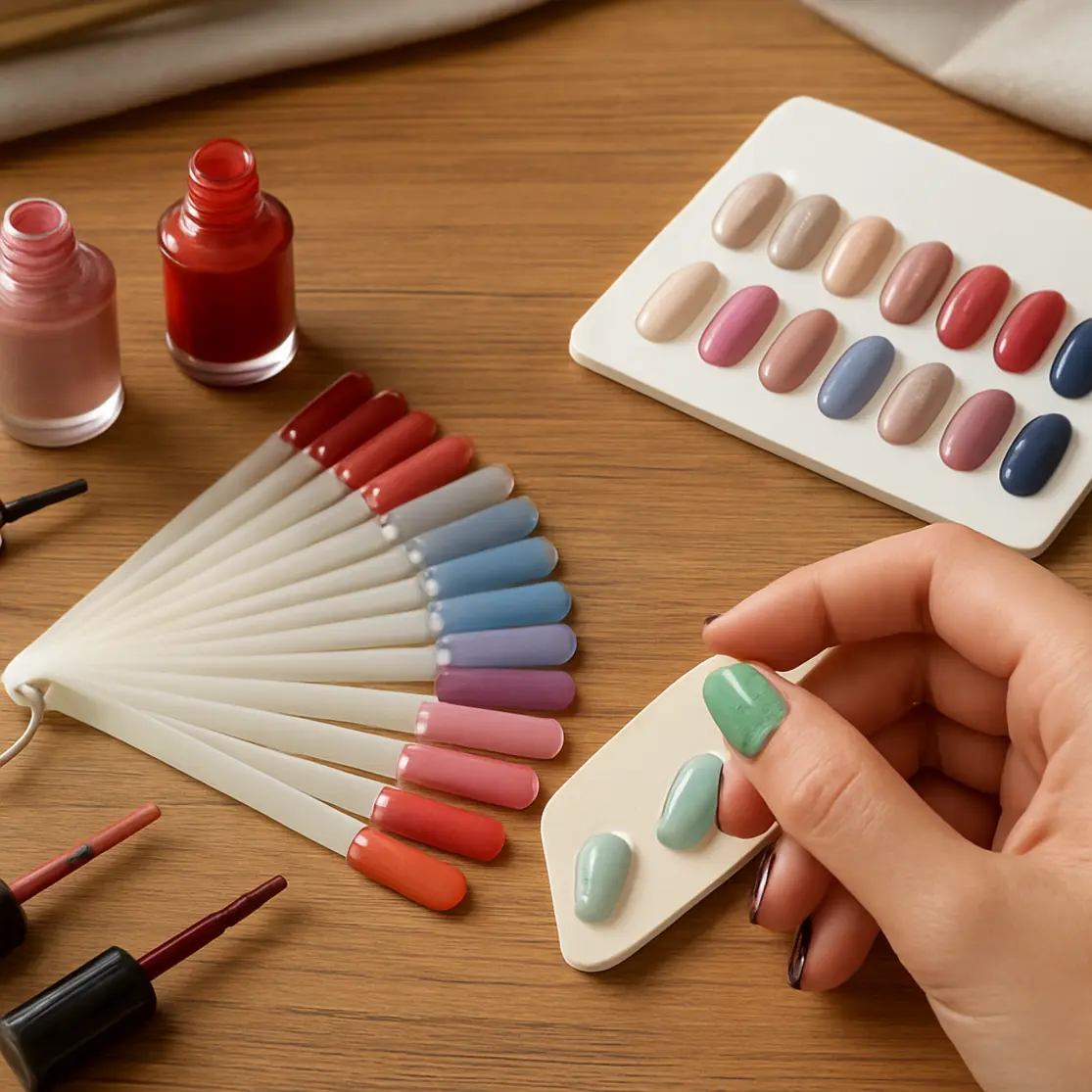 Bancada de manicure com esmaltes, amostras e mão escolhendo combinação de unhas coloridas 2026