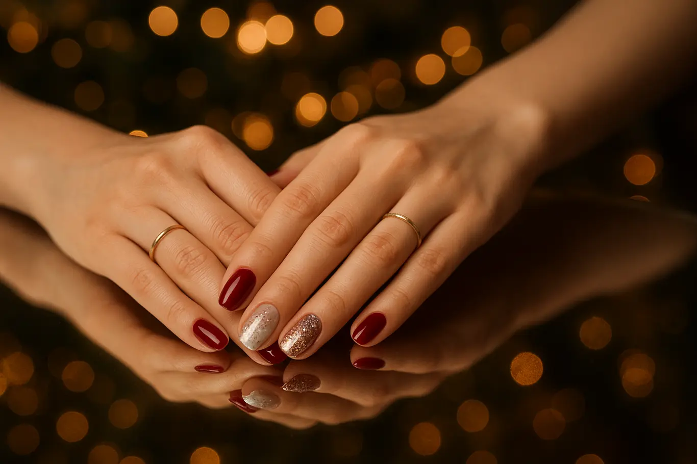 Duas mãos sobre mesa espelhada mostrando variações de manicure festiva e acessórios