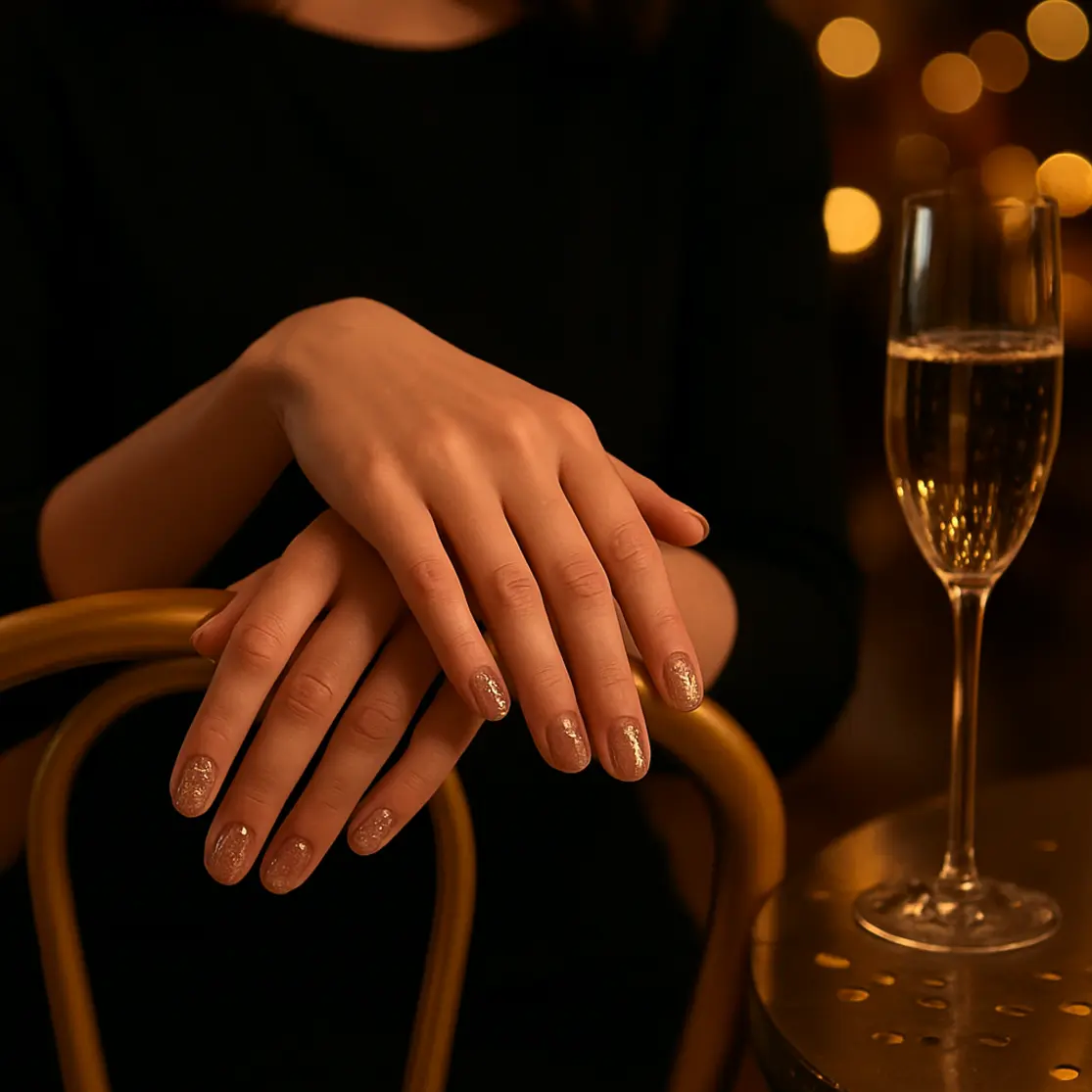 Mãos com manicure rosé e dourado apoiadas em cadeira em ambiente de festa elegante