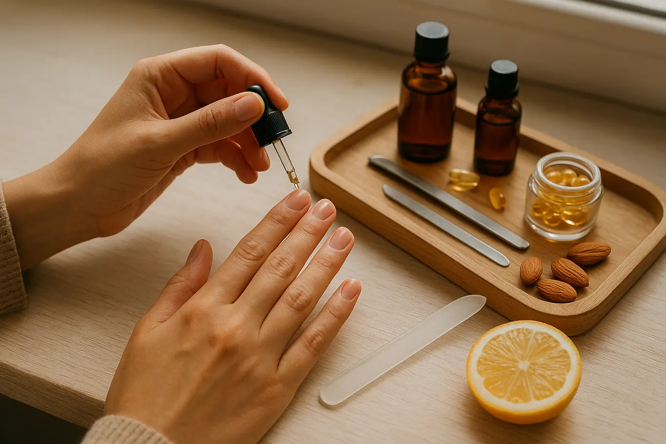 Mãos cuidando das unhas com óleo e lima sobre bandeja com vitaminas e alimentos.