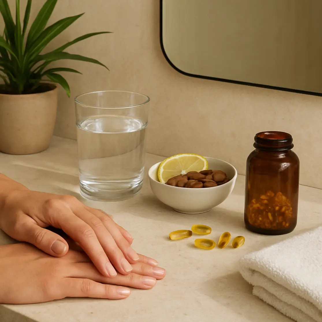 Vanity com frasco de vitaminas, bowl de amêndoas, copo d'água e mãos apoiadas.