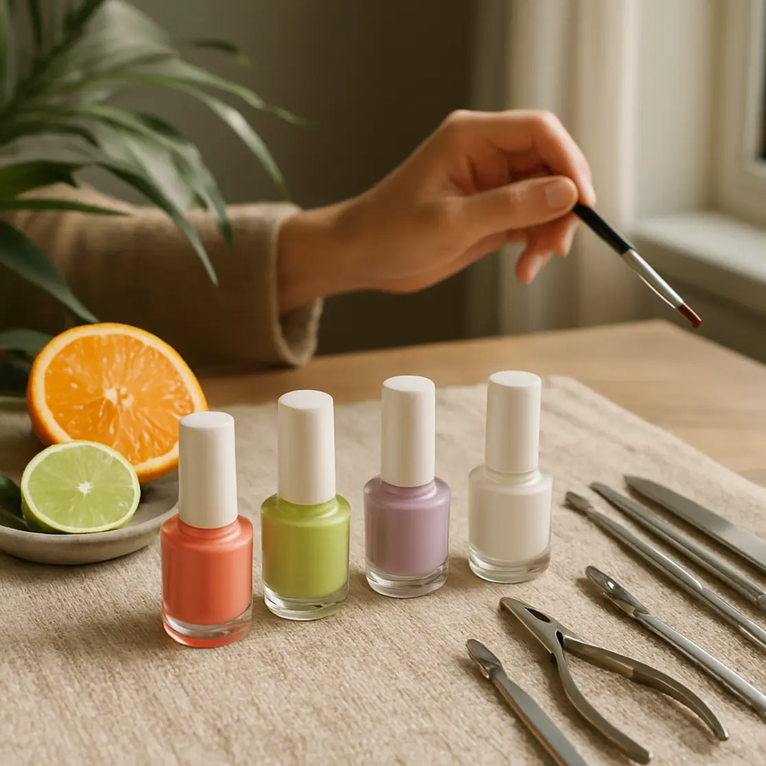 Mesa de styling com esmaltes e ferramentas mostrando paleta de cores primavera-verão 2026