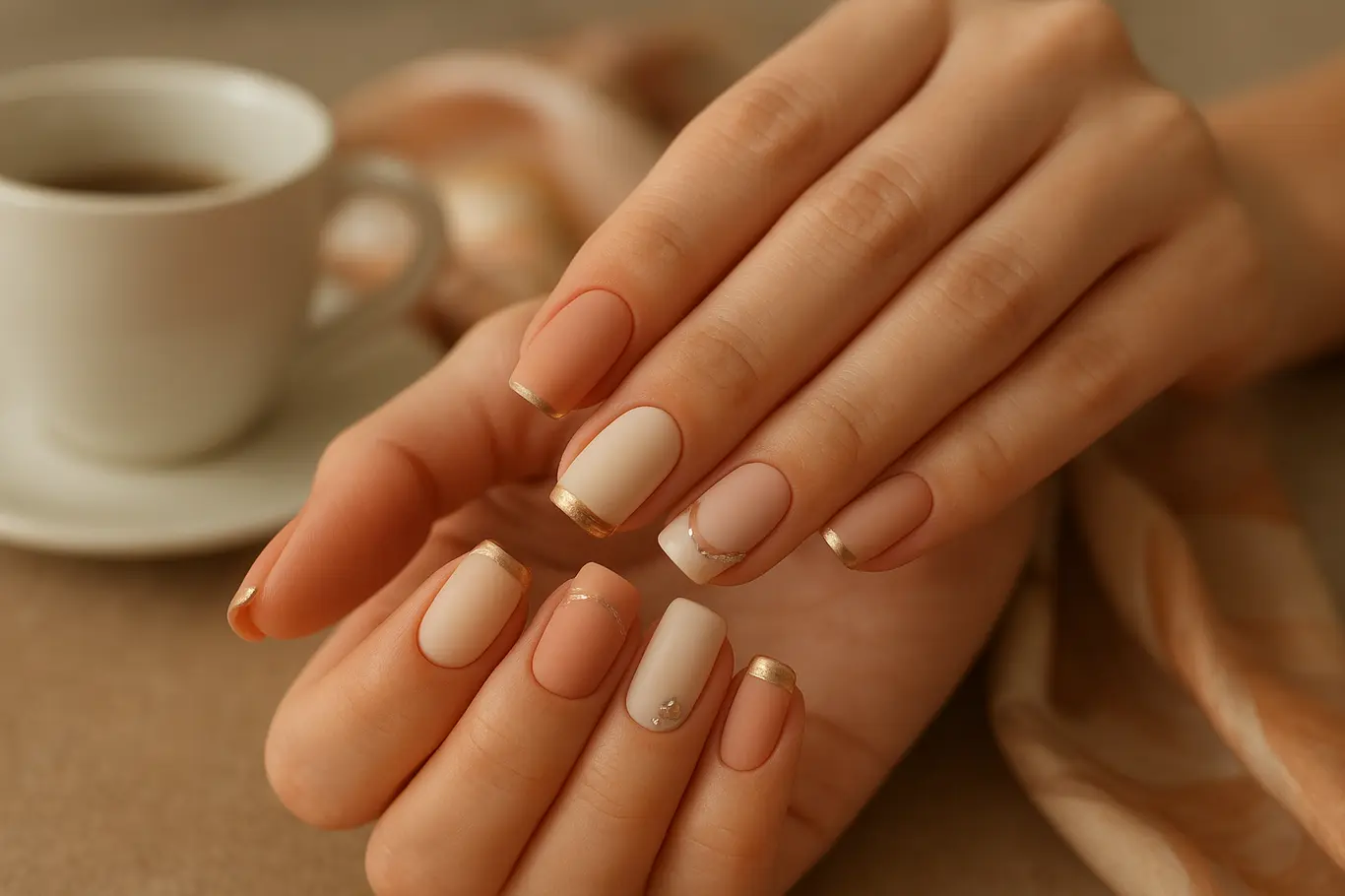 Duas mãos femininas mostrando variações de unhas quadradas decoradas em cores suaves
