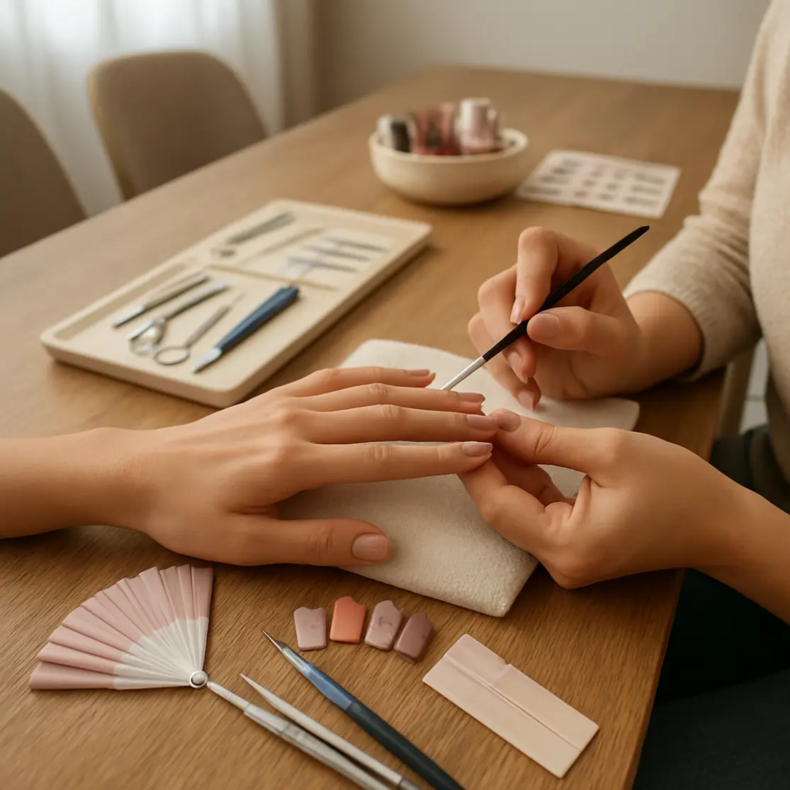 Estúdio de manicure com bancada, ferramentas e amostras de unhas quadradas decoradas