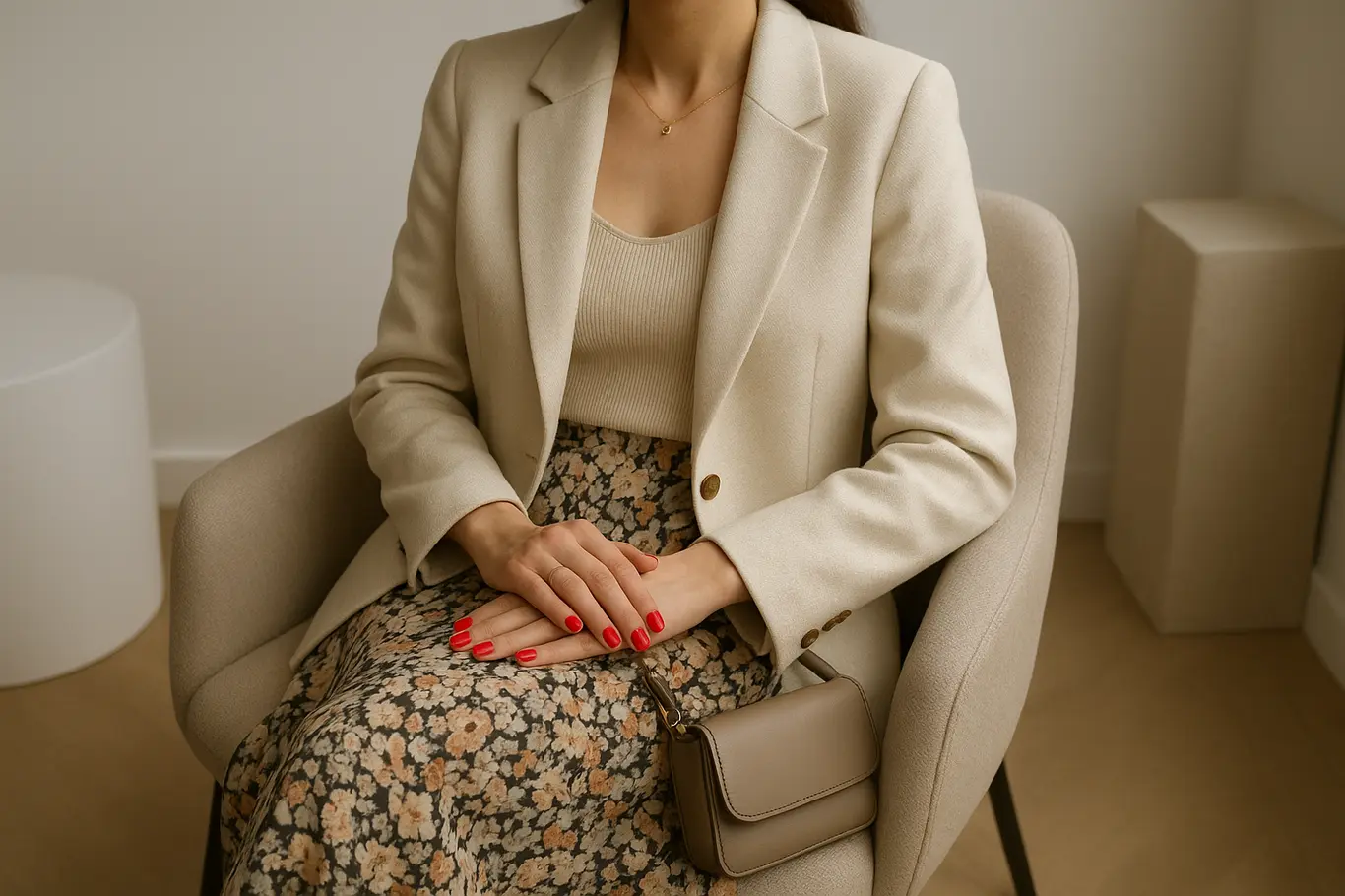 Mulher sentada com blazer creme e saia estampada, mãos no colo com unhas vermelhas destacadas.