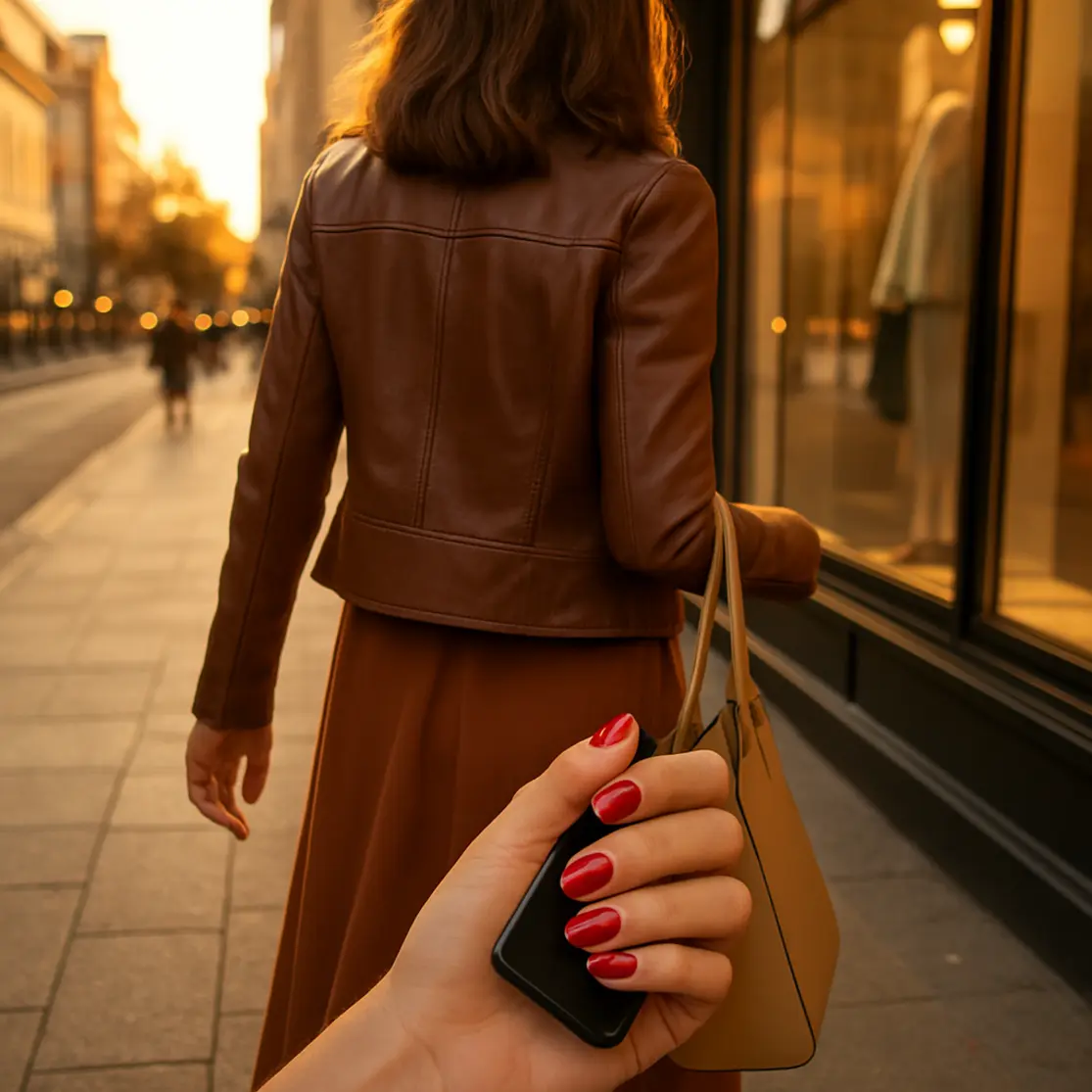 Mulher de costas caminhando em rua ao entardecer, unhas vermelhas visíveis segurando a alça da bolsa.
