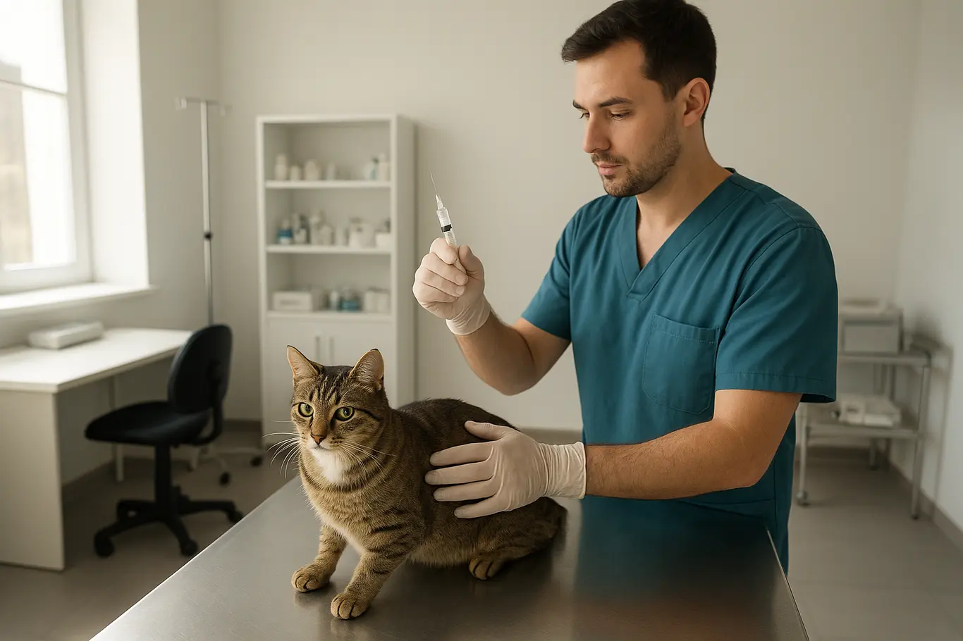 Sala de atendimento veterinário com gato na mesa e técnico preparando seringa