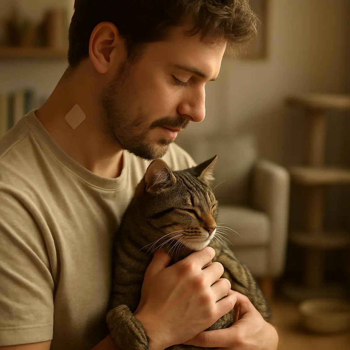 Gato aconchegado no colo do tutor com pequena proteção na nuca após vacina