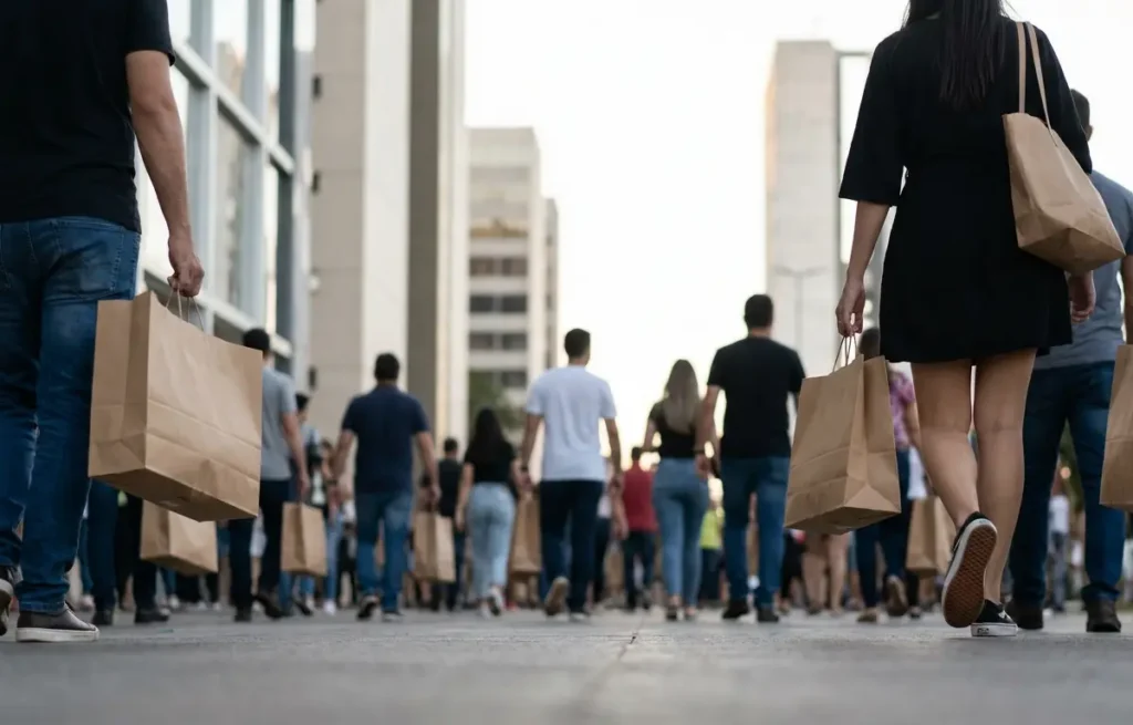 Varejo supera pré-pandemia em 12,5% e aquece consumo em Brasília Consumidores em shopping de Brasília com sacolas de compras, vista de costas.