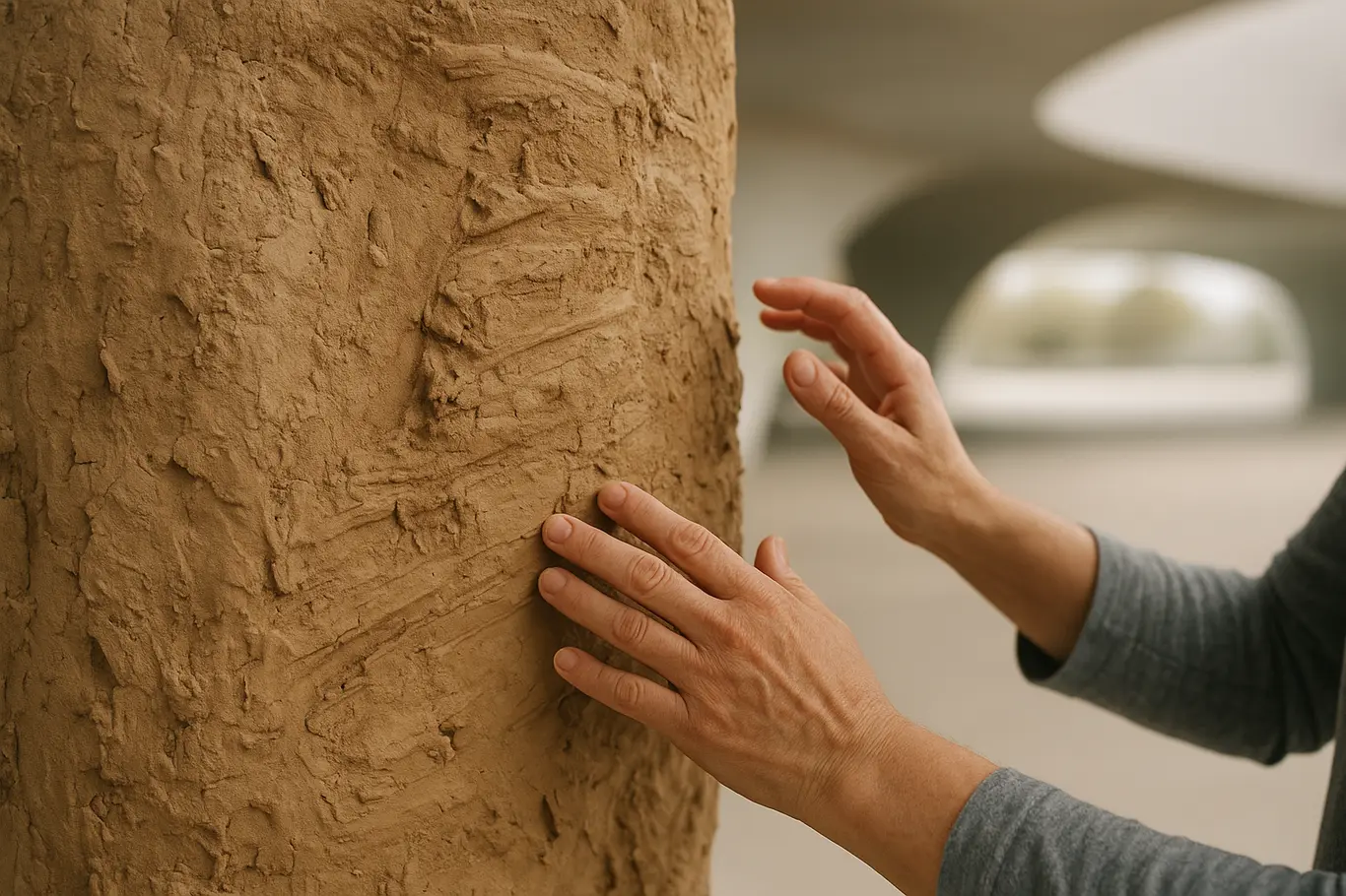Detalhe em close das texturas de uma peça em argila da exposição, mãos sem identificação ao lado