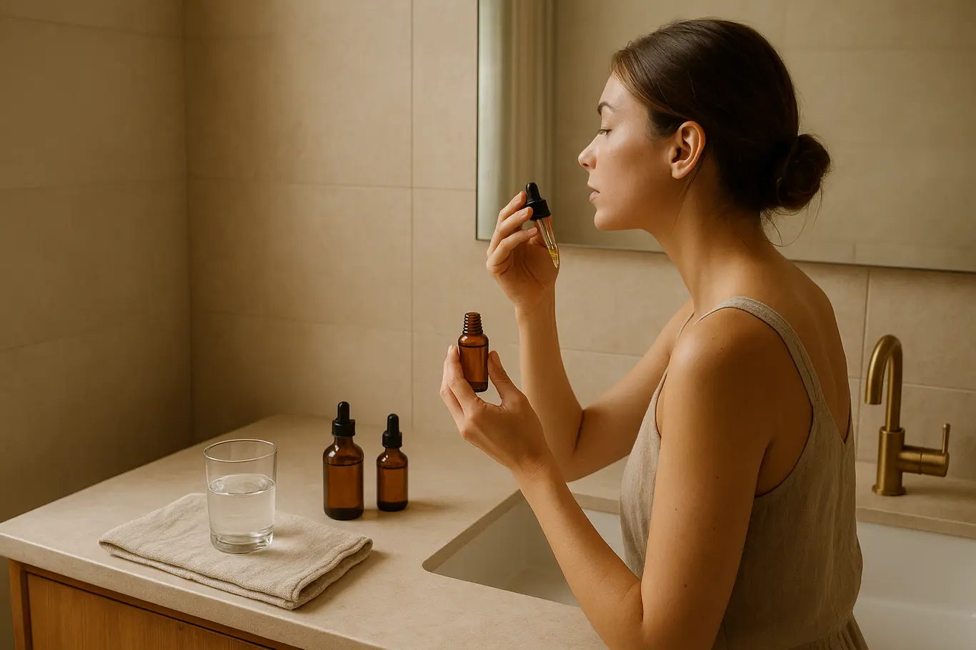 Bancada de banheiro com mulher de costas aplicando sérum de vitamina C, frascos âmbar e toalha