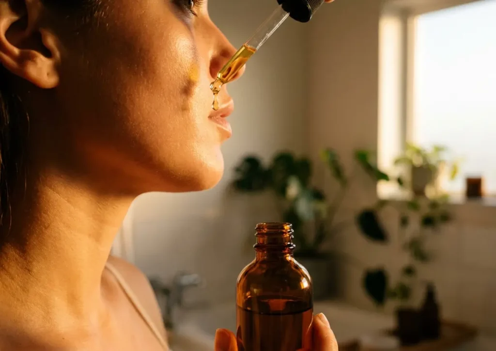 Vitamina C para o rosto: como usar pela manhã e evitar oxidação Perfil 3/4 de mulher aplicando sérum de vitamina C com conta-gotas, frasco âmbar em destaque