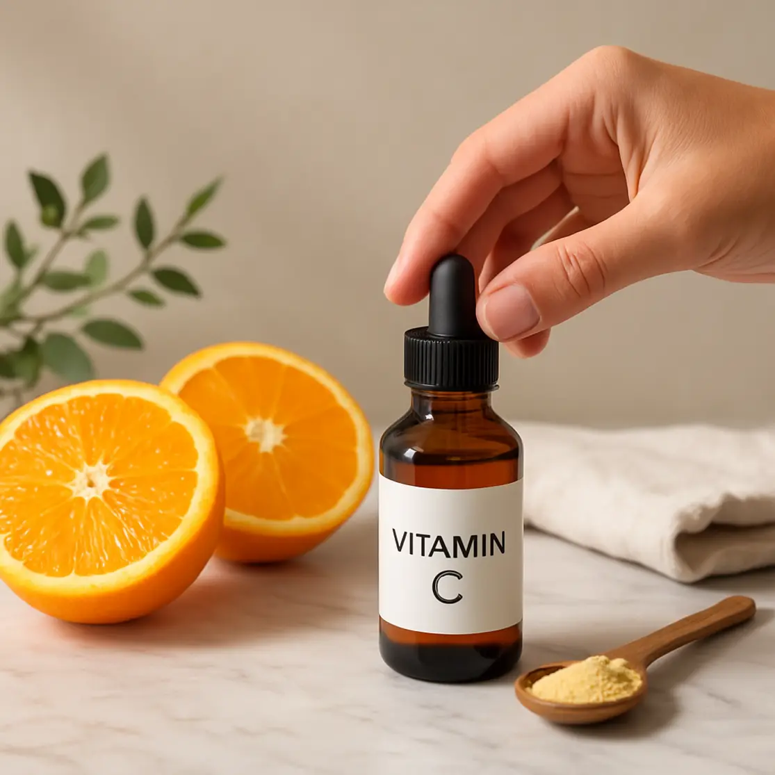Frasco âmbar de vitamina C sobre mármore com metades de laranja e colher de pó, mão em perfil alcançando o frasco