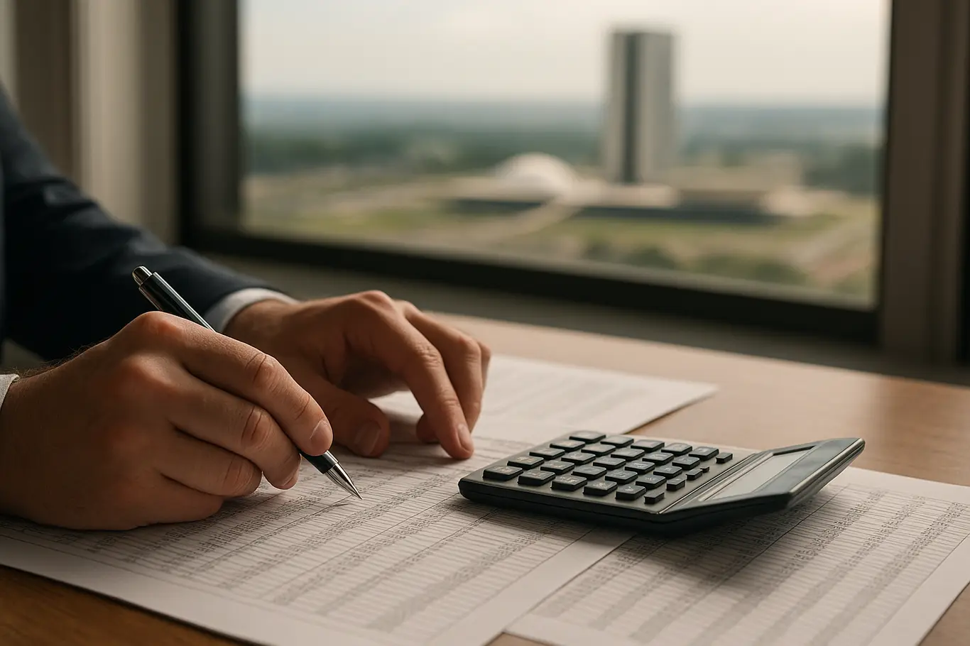 Mãos sobre planilhas e calculadora com Congresso Nacional desfocado ao fundo