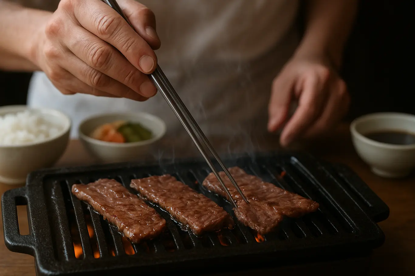 Detalhe das mãos virando fatias de carne na grelha yakiniku com acompanhamentos ao fundo