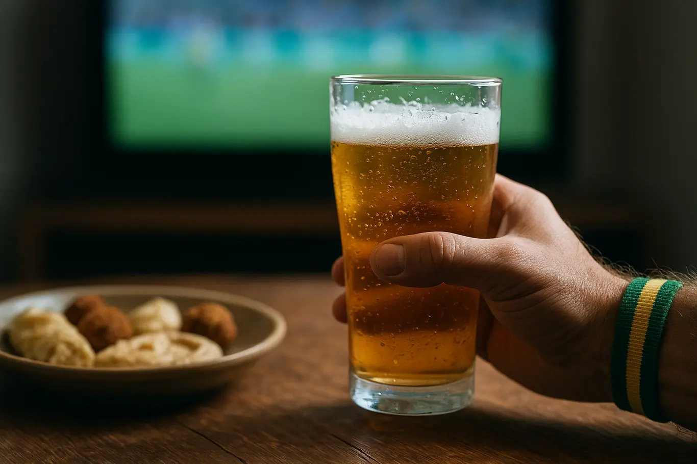 Mãos segurando copo de cerveja com pulseira verde e amarela, petisco e TV desfocada ao fundo